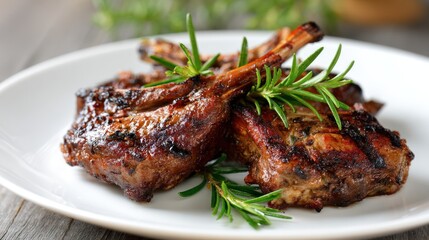 Grilled meat pieces with rosemary sprigs served on a white plate.