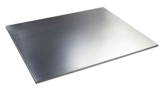Flat brushed stainless steel or aluminum metal sheet with smooth reflective surface isolated on transparent background