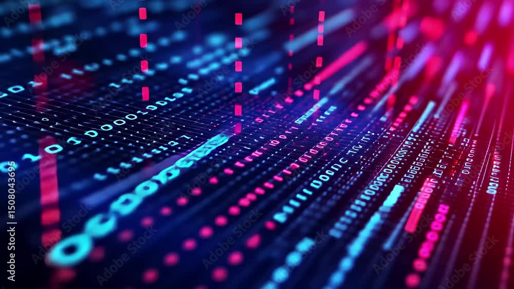 Aufkleber Glowing binary code flows through an abstract digital background in a vibrant display of colors, Abstract digital background with glowing binary code in blue and red