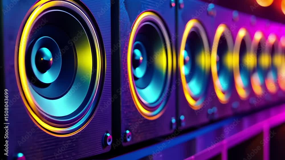 Poster powerful speakers glowing with vibrant lights create an energetic atmosphere at a lively event, a ro