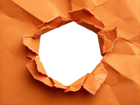 Synthetic material that tears up the paper background and pops out. Momentum. Powerful. Flashy. Orange paper