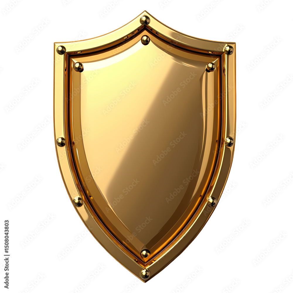 Poster a shiny golden shield with rivets along the edge isolated against a black background in a close up v