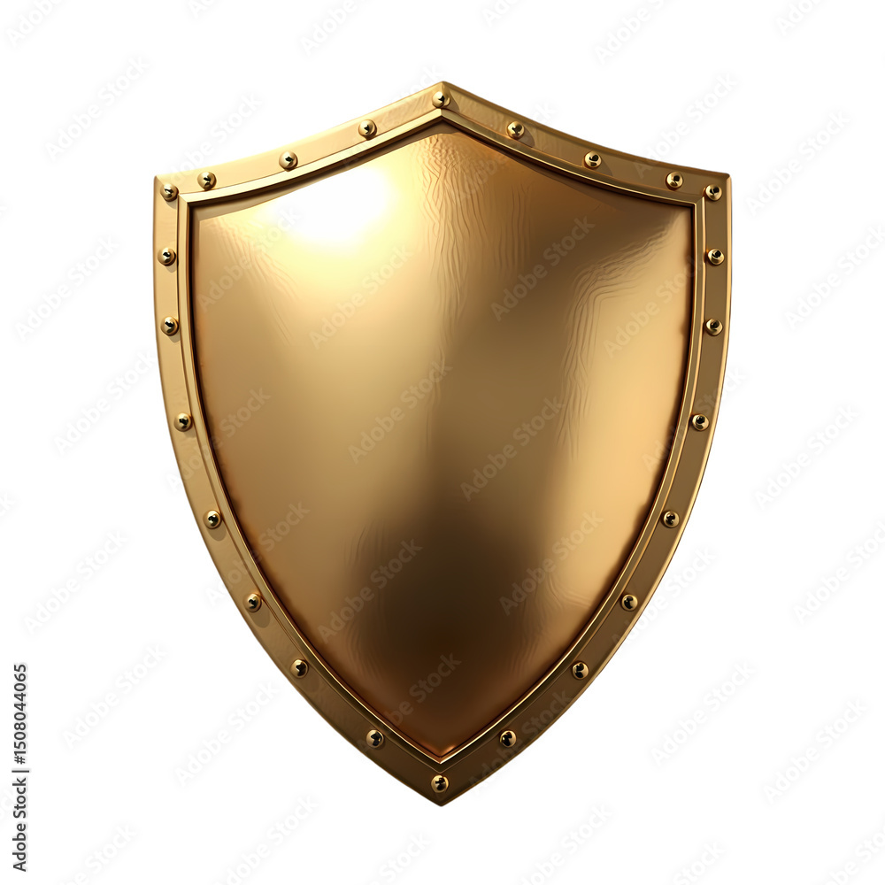 Poster a shiny golden shield with a studded border on a black background in a studio shot rendering isolate
