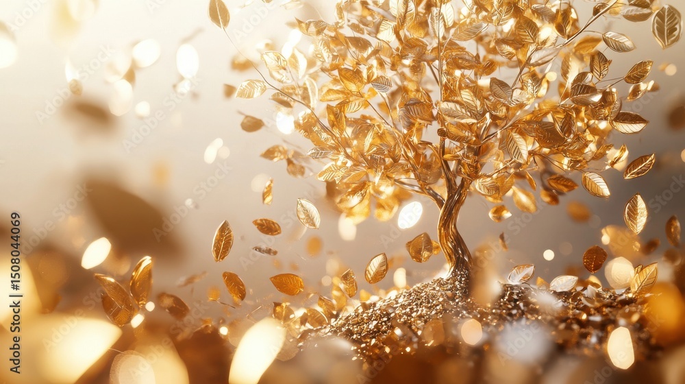 Poster a mesmerizing ethereal golden tree adorned with sparkling symbols of abundance and growth radiating 