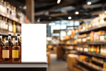 Liquor bottles and a blank sign in a blurred retail store setting.