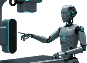 Advanced Robotic Arm Interacting with Futuristic Medical X Ray Machine Technology