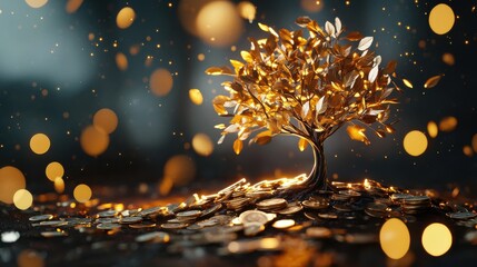 A lush golden tree with shimmering leaves stands rooted amidst a shower of sparkling light symbolizing abundance wealth and financial growth