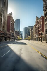 Deserted city street empty buildings sunlit morning