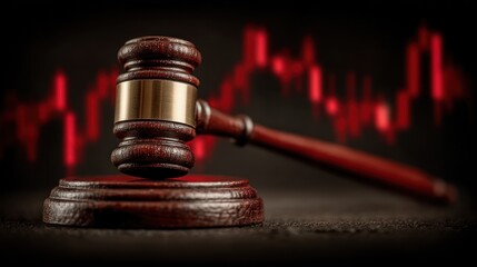Wooden gavel resting on sound block with red graph background.