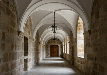 Fototapeta premium Long stone hallway with arched ceiling and wooden door at the end