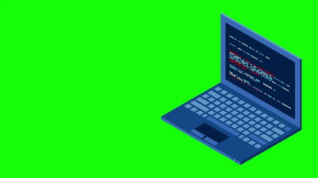 Isometric laptop animation. 3d isometric laptop computer. Abstract programming language and program code on a laptop screen. 4K video animated in isometric style