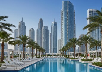 Obraz premium Swimming pool with palm trees and skyscrapers in Dubai city