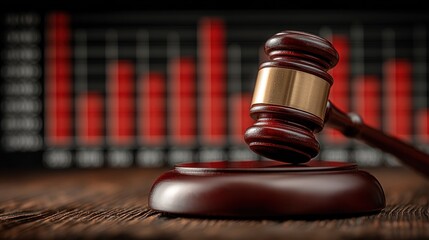 Gavel on wooden surface with red financial graph in background.