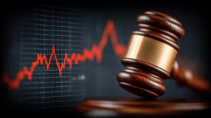 Gavel in focus with a red line graph in the background.