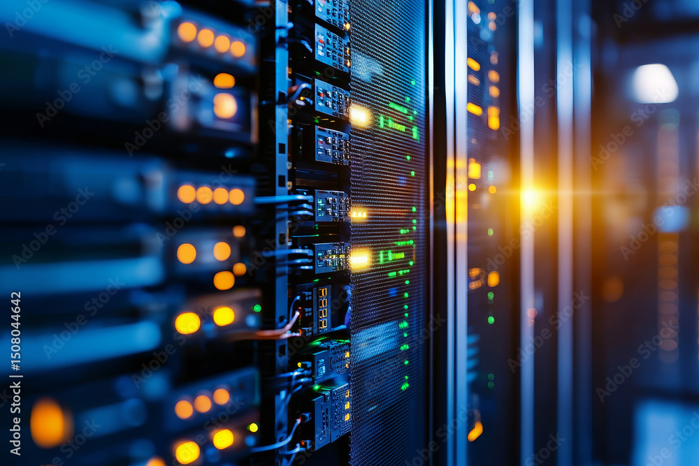 Aufkleber high-tech data center with glowing server lights and intricate wiring. cybersecurity data protection