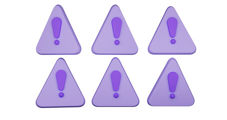 3D Purple Arche Warning Alert Icon Set – Triangle Caution Sign with Exclamation Mark 3D illustration