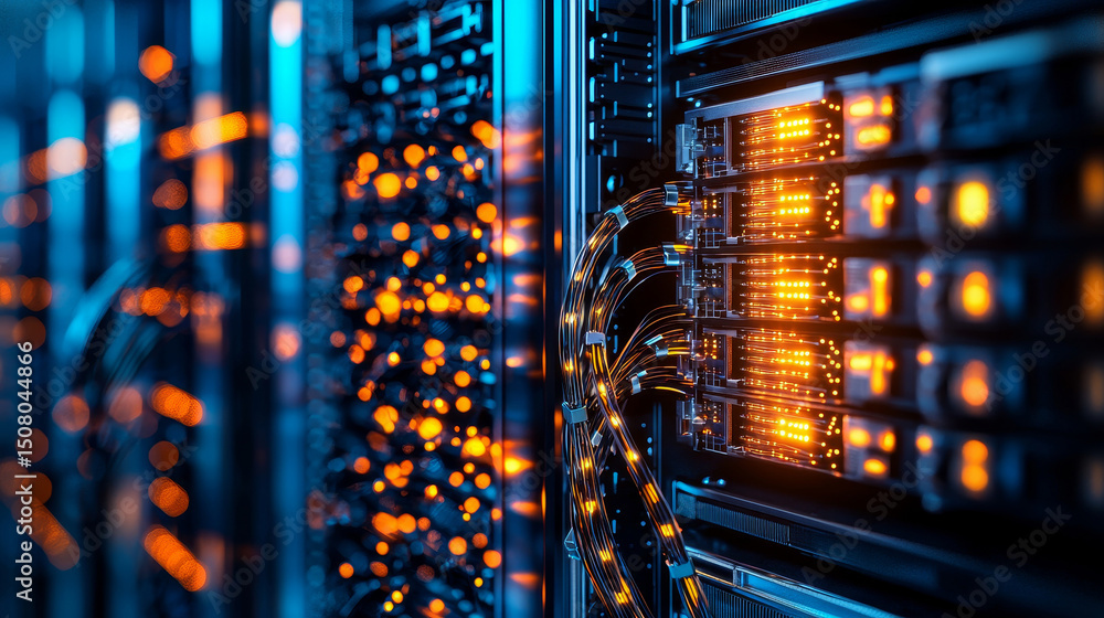 Poster data center with glowing servers and illuminated connections.