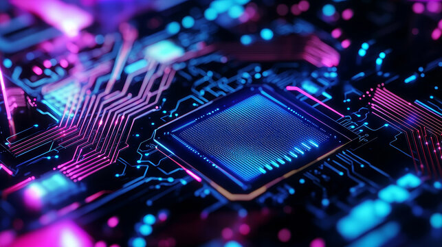 Futuristic circuit board with vibrant colors and intricate details.