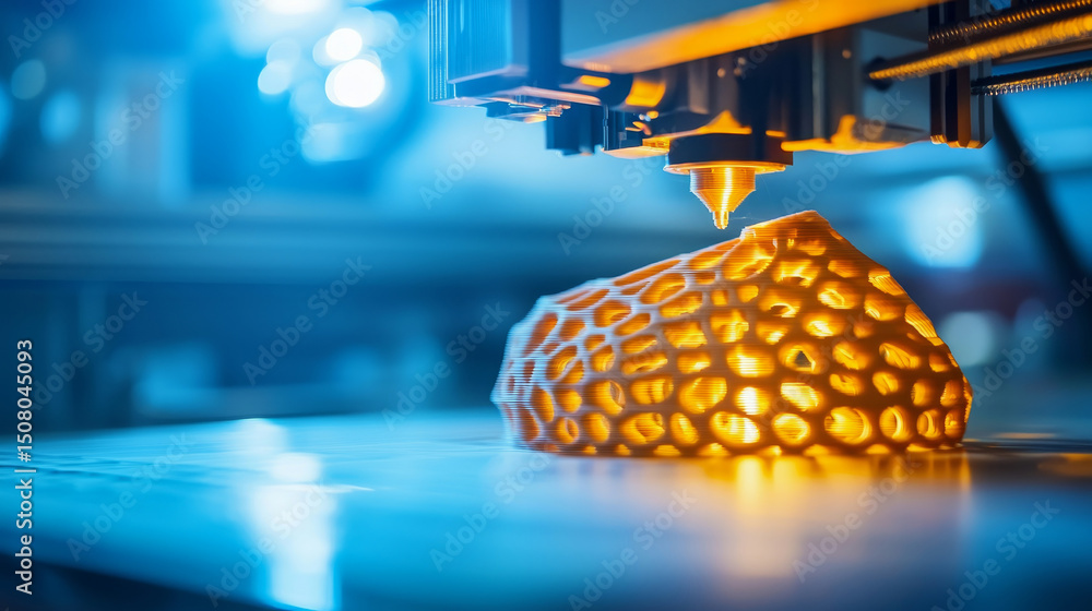Aufkleber 3d printer creating a detailed orange object in a modern workspace.