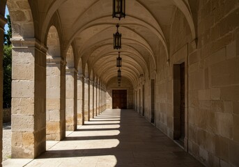 Long stone corridor with arches and hanging lanterns casting shadows