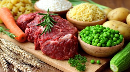 Raw meat carrot potatoes peas and pasta on wooden board close up.