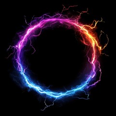 Naklejka premium A glowing circular electric ring composed of vivid neon lightning bolts in blue, pink, and orange hues, forming a perfect energy loop on a black background