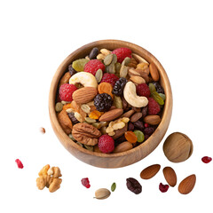 Mixed dry fruit nuts on wooden bowl top view isolated on white background