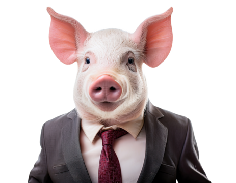 Funny Pig in Business Suit Isolated on White Background – Surreal Animal Character Concept