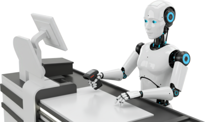 Futuristic Robot Cashier Using Scanner at Modern Checkout Counter