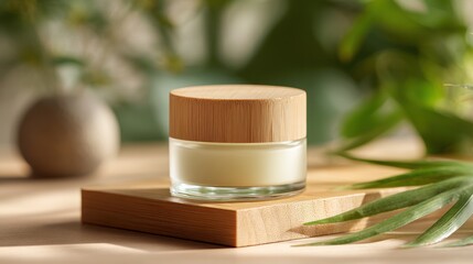 Cream in glass jar with wooden lid on wooden stand surrounded by greenery.
