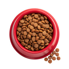 Dog food on red bowl top view isolated on white background