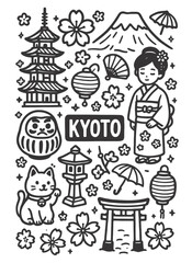 Outline illustration of Kyoto landmarks, including a geisha, temple, and Mount Fuji.