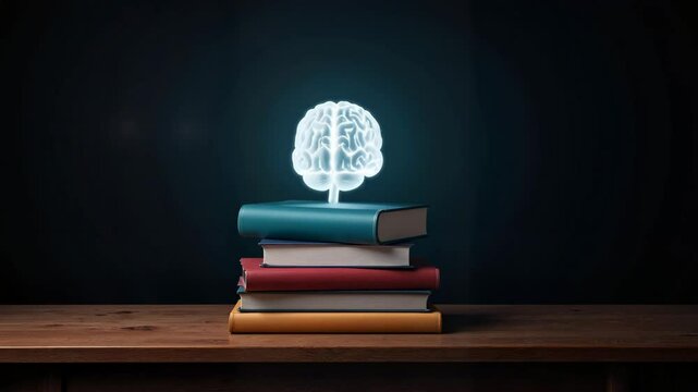Neon brain sculpture above stacked books on wooden table  