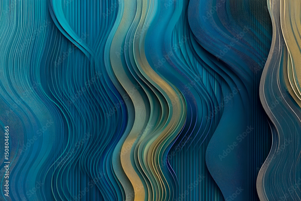 Poster abstract wavy gradient composition in shades of blue and gold featuring textured lines and dynamic f