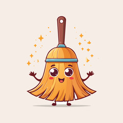 Obraz premium Hand broom in cute cartoon character style with expressive face and limbs.