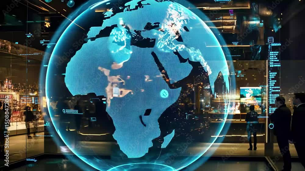 Poster global data visualization display showcasing a geomorphic earth model with high tech features, hitec