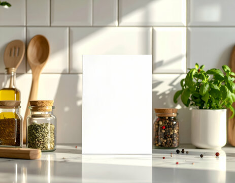Blank Recipe Card Mockup Kitchen Backsplash, Spices, and Tools