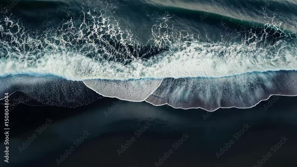 Aufkleber breaking waves create dynamic patterns on a dark sandy beach during sunset, aerial view of breaking 
