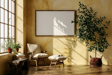 Cozy interior with a framed blank picture on a yellow wall and natural light and greenery,. Mockups frames