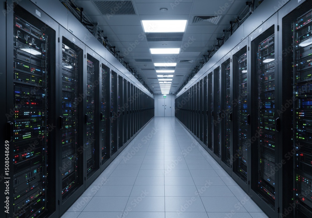 Poster data center with rows of server racks in a long, well lit corridor