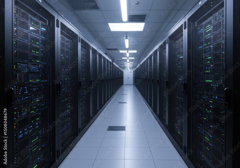 Poster long corridor in a modern data center with rows of server racks