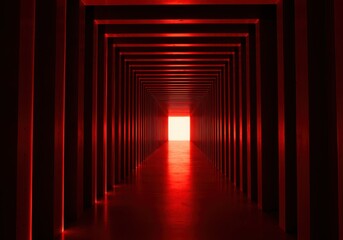 Illuminated red corridor with a vanishing point at the end