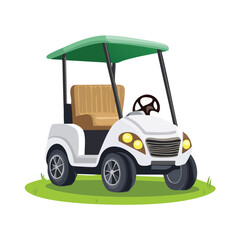 Golf cart in cute cartoon character style with expressive face and limbs.