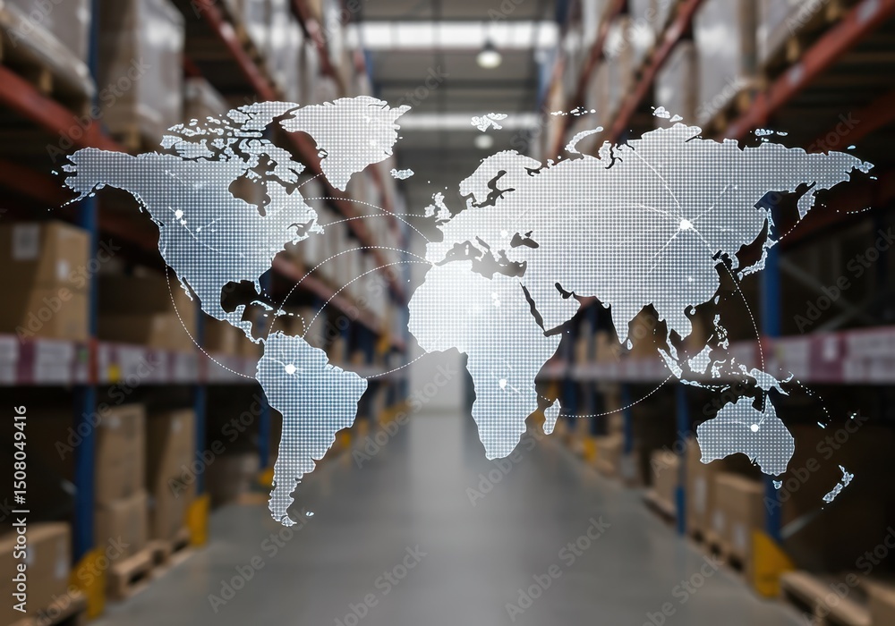 Poster world map overlay on warehouse aisle showing global distribution network