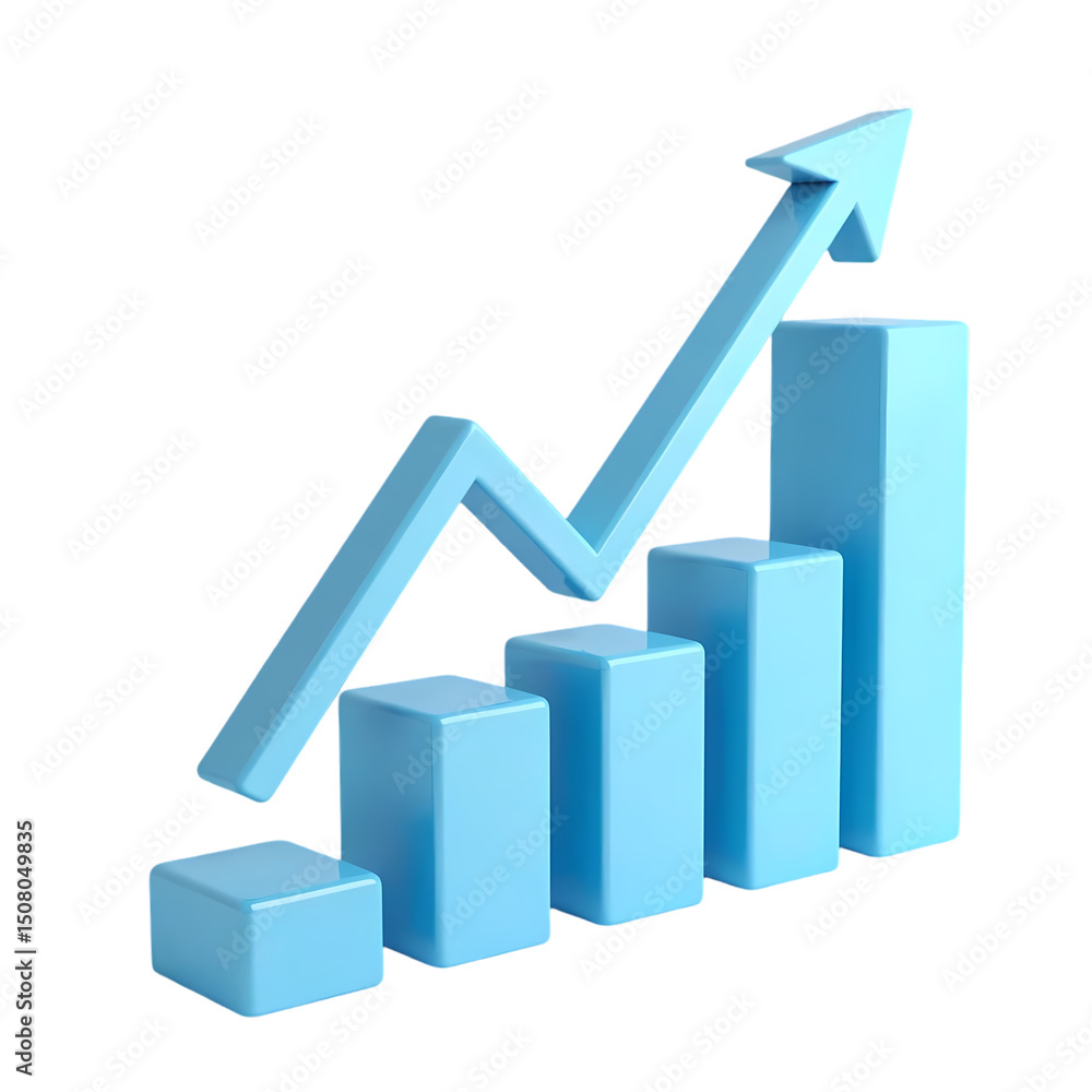 Poster a light blue bar graph with an arrow pointing upwards against a black isolated background view isola
