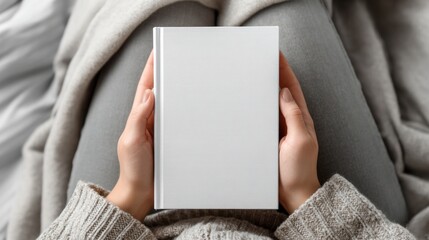 Hands holding a blank white book on a lap with soft gray fabric.