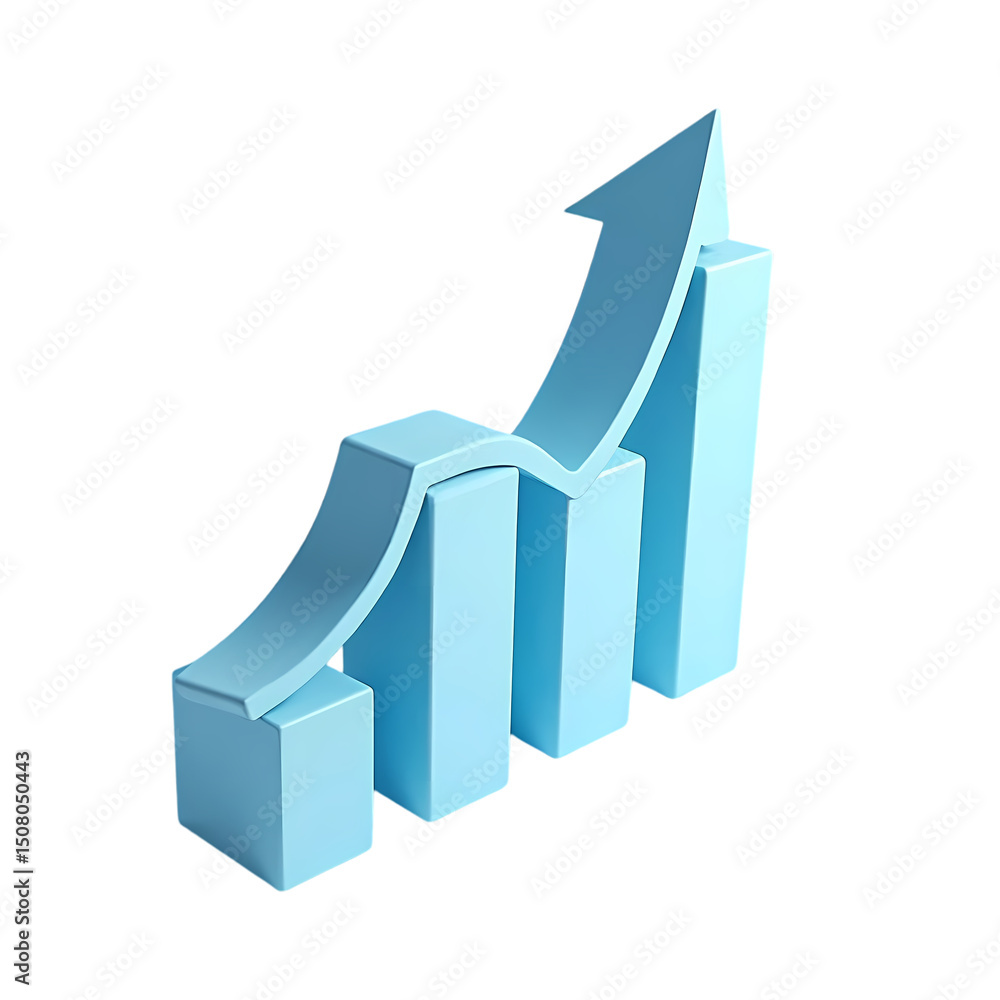 Poster a light blue upward trending graph with three bars and an arrow on a black background isometric view