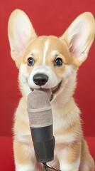 Puppy with microphone against red backdrop