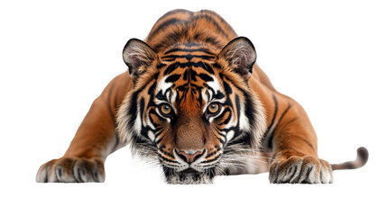 Obraz premium A fierce tiger crouched and ready to pounce, muscles tense, Transparent background, PNG file