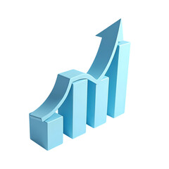 A light blue upward trending graph with three bars and an arrow on a black background isometric view isolated on transprent background